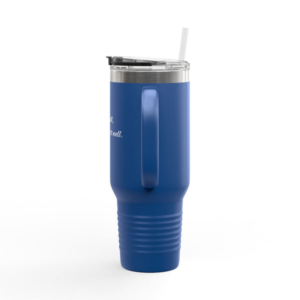 "Doing it all, and doing it well." 40oz Insulated Travel Mug — Red Stainless Tumbler with Straw & Handle