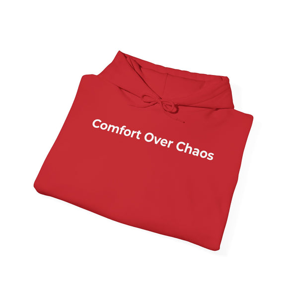 Comfort Over Chaos Hoodie — Minimalist White Pullover with Positive Message
