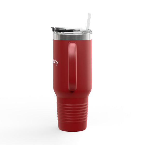 "Anxiety" 40oz Insulated Travel Mug — Script Steel Tumbler with Straw & Handle