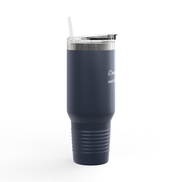 "Doing it all, and doing it well." 40oz Insulated Travel Mug — Red Stainless Tumbler with Straw & Handle