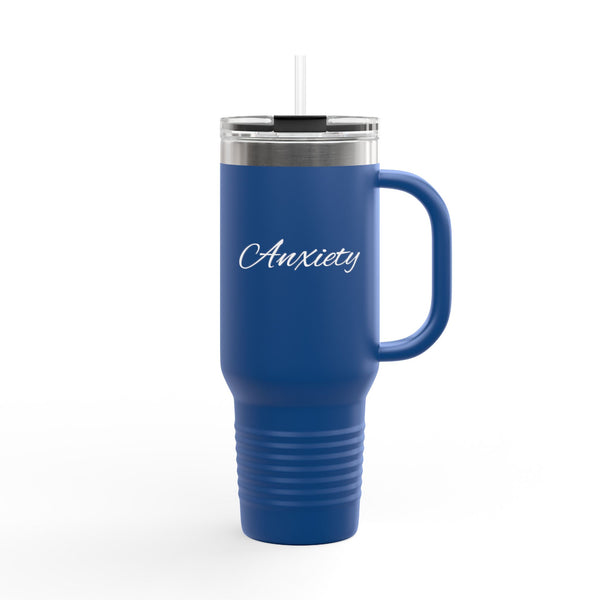 "Anxiety" 40oz Insulated Travel Mug — Script Steel Tumbler with Straw & Handle