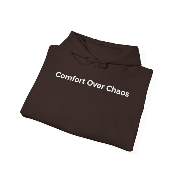 Comfort Over Chaos Hoodie — Minimalist White Pullover with Positive Message