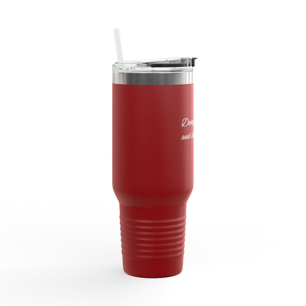 "Doing it all, and doing it well." 40oz Insulated Travel Mug — Red Stainless Tumbler with Straw & Handle