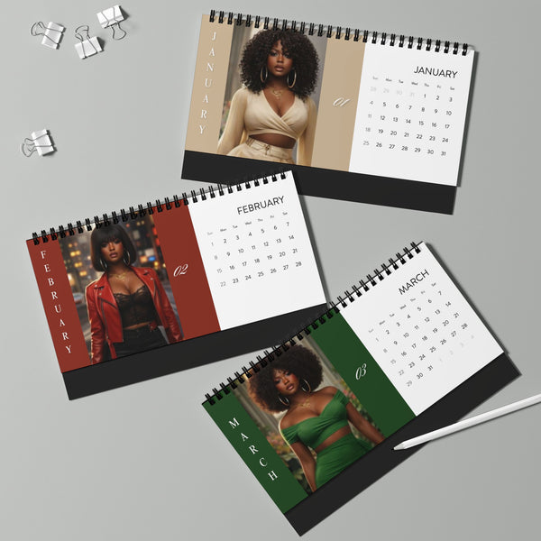 2026 Desktop Calendar — Elegant Black Beauty Grid Calendar