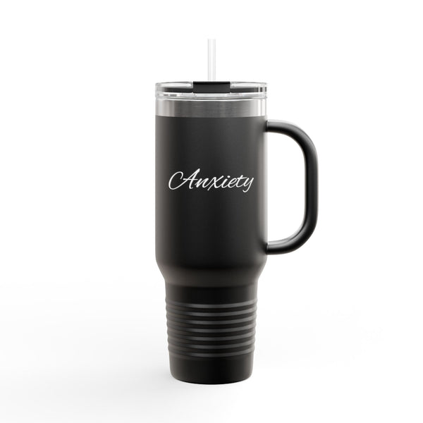 "Anxiety" 40oz Insulated Travel Mug — Script Steel Tumbler with Straw & Handle