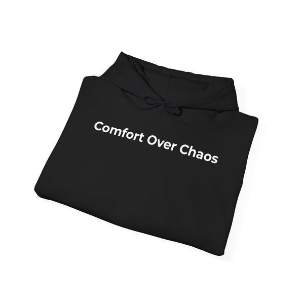 Comfort Over Chaos Hoodie — Minimalist White Pullover with Positive Message
