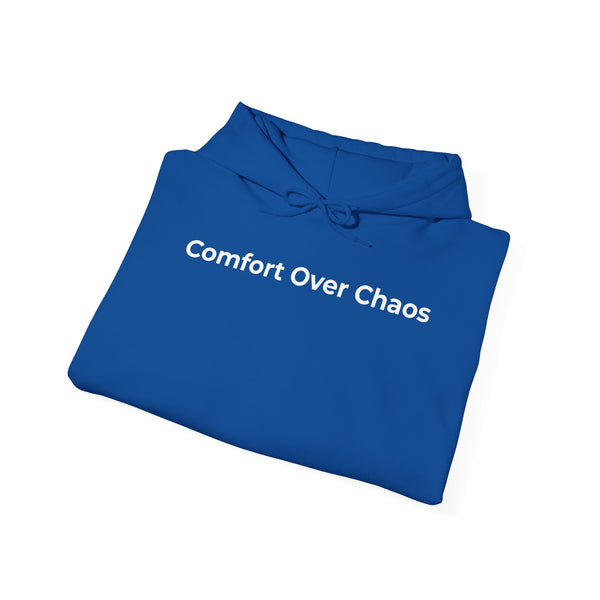 Comfort Over Chaos Hoodie — Minimalist White Pullover with Positive Message