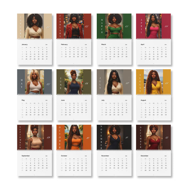 2026 Black Beauty Wall Calendar — Elegant Portraits Monthly Calendar