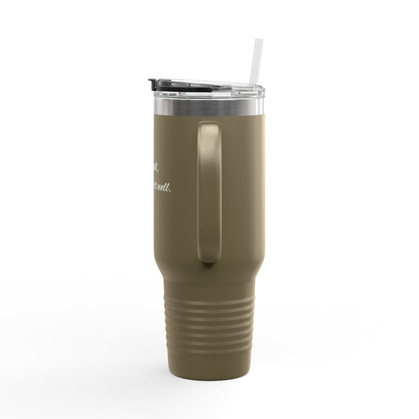 "Doing it all, and doing it well." 40oz Insulated Travel Mug — Red Stainless Tumbler with Straw & Handle