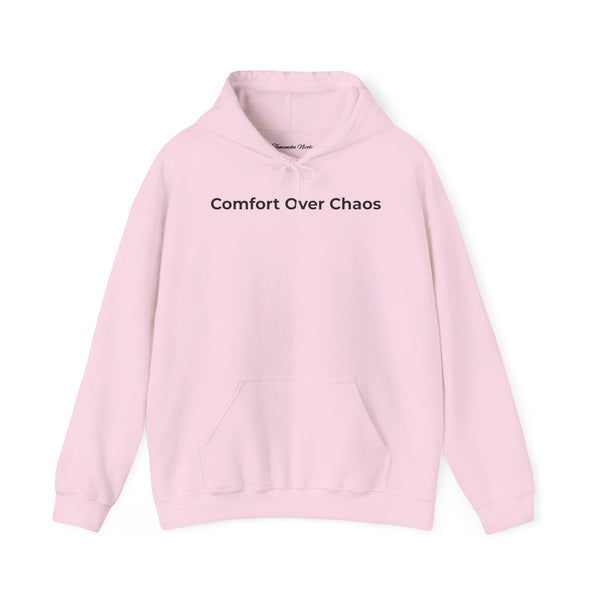 Comfort Over Chaos Hoodie — Minimalist White Pullover with Positive Message