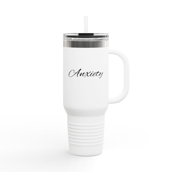 "Anxiety" 40oz Insulated Travel Mug — Script Steel Tumbler with Straw & Handle