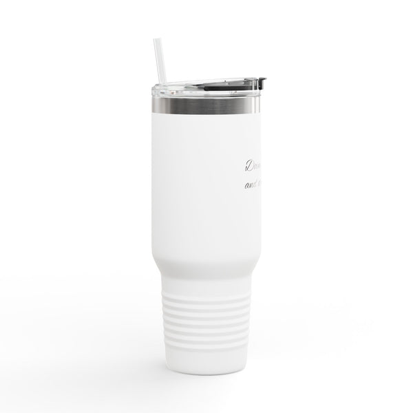 "Doing it all, and doing it well." 40oz Insulated Travel Mug — Red Stainless Tumbler with Straw & Handle