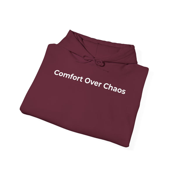 Comfort Over Chaos Hoodie — Minimalist White Pullover with Positive Message