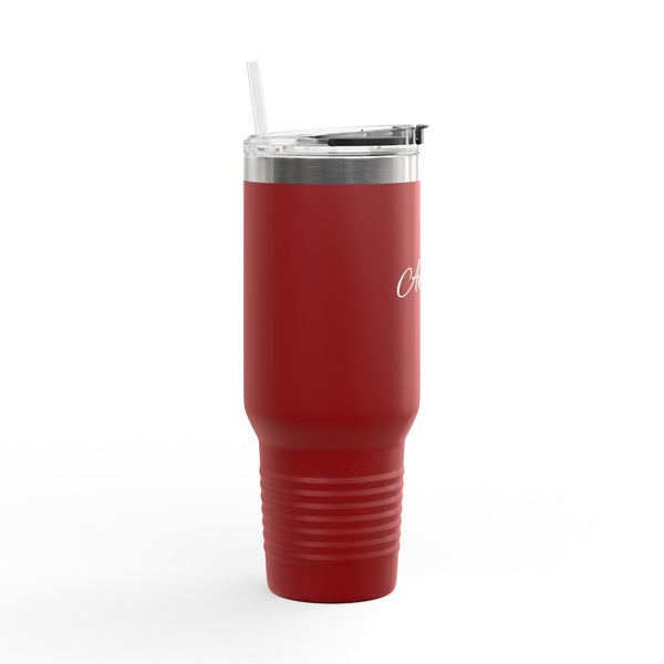 "Anxiety" 40oz Insulated Travel Mug — Script Steel Tumbler with Straw & Handle