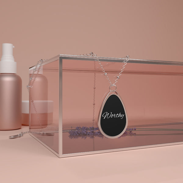 Worthy Oval Pendant Necklace – Inspirational Script Teardrop Necklace