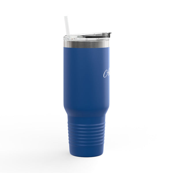 "Anxiety" 40oz Insulated Travel Mug — Script Steel Tumbler with Straw & Handle